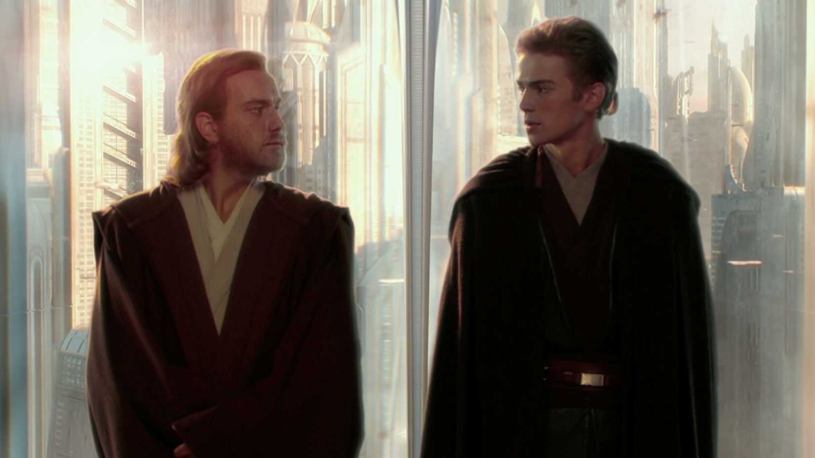 A youngish Anakin Skywalker and Obi-Wan Kenobi exchange semi-testy remarks during an elevator ride in a scene from Attack of the Clones