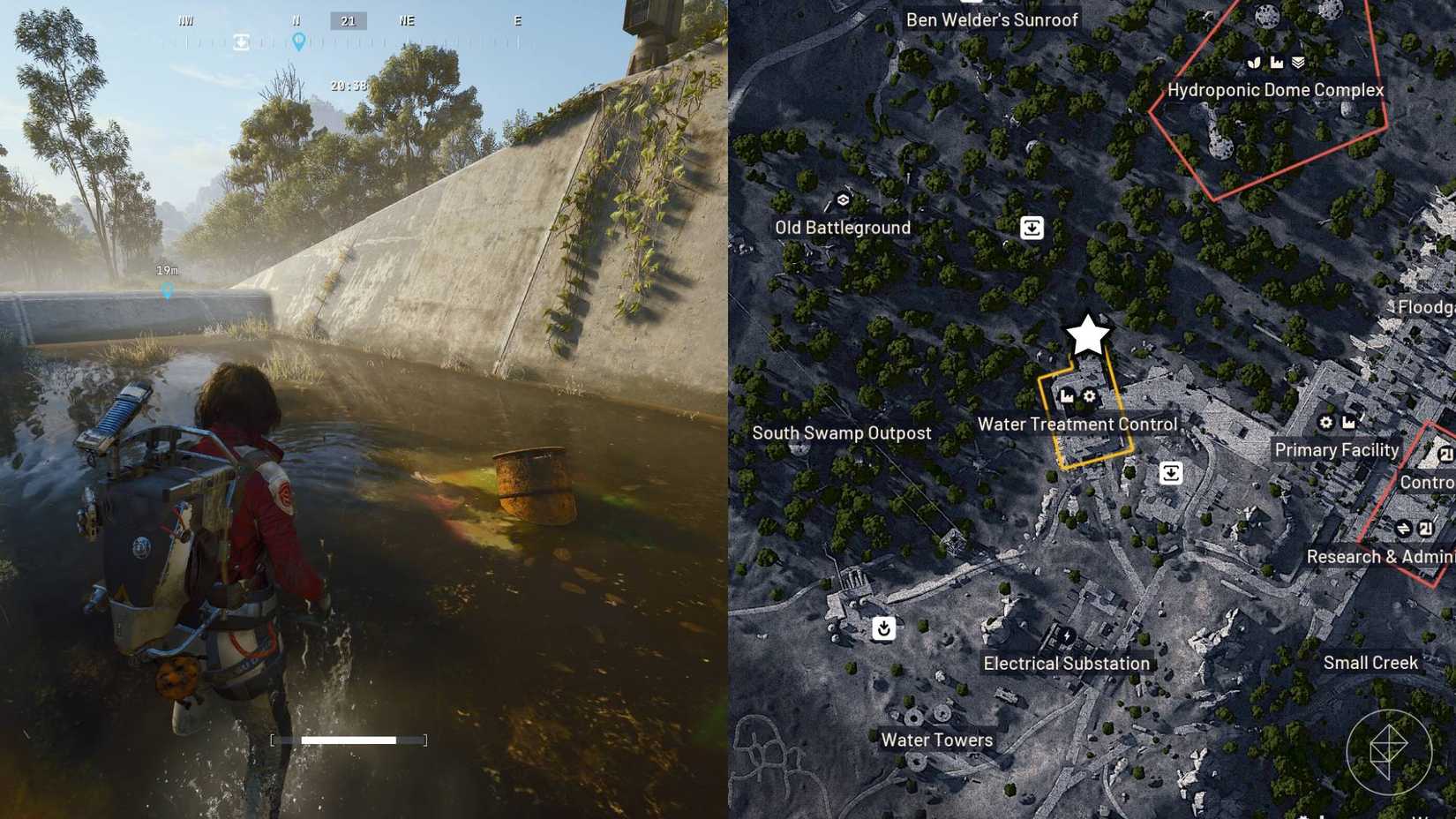 The left half of the image shows the player standing next to the barrel for the first objective in A Toxic Trail, while the right half of the image shows that location marked on the Dam Battlegrounds map in Arc Raiders.