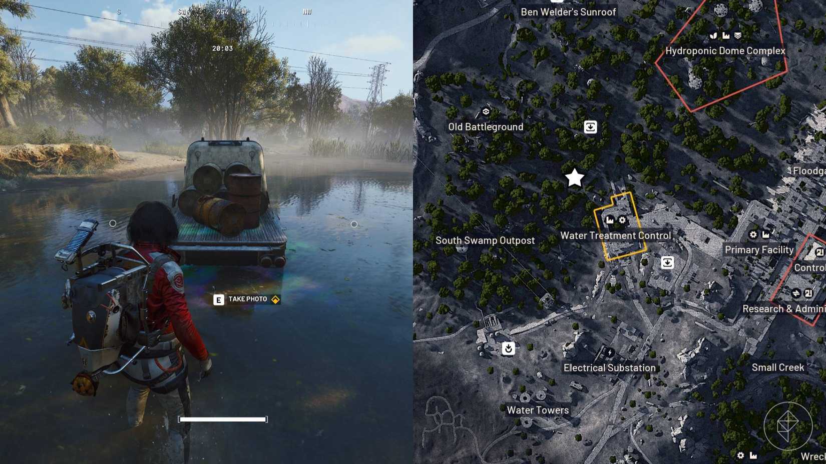 The left half of the image shows the player standing next to the truck for the second objective in A Toxic Trail, while the right half of the image shows that location marked on the Dam Battlegrounds map in Arc Raiders.