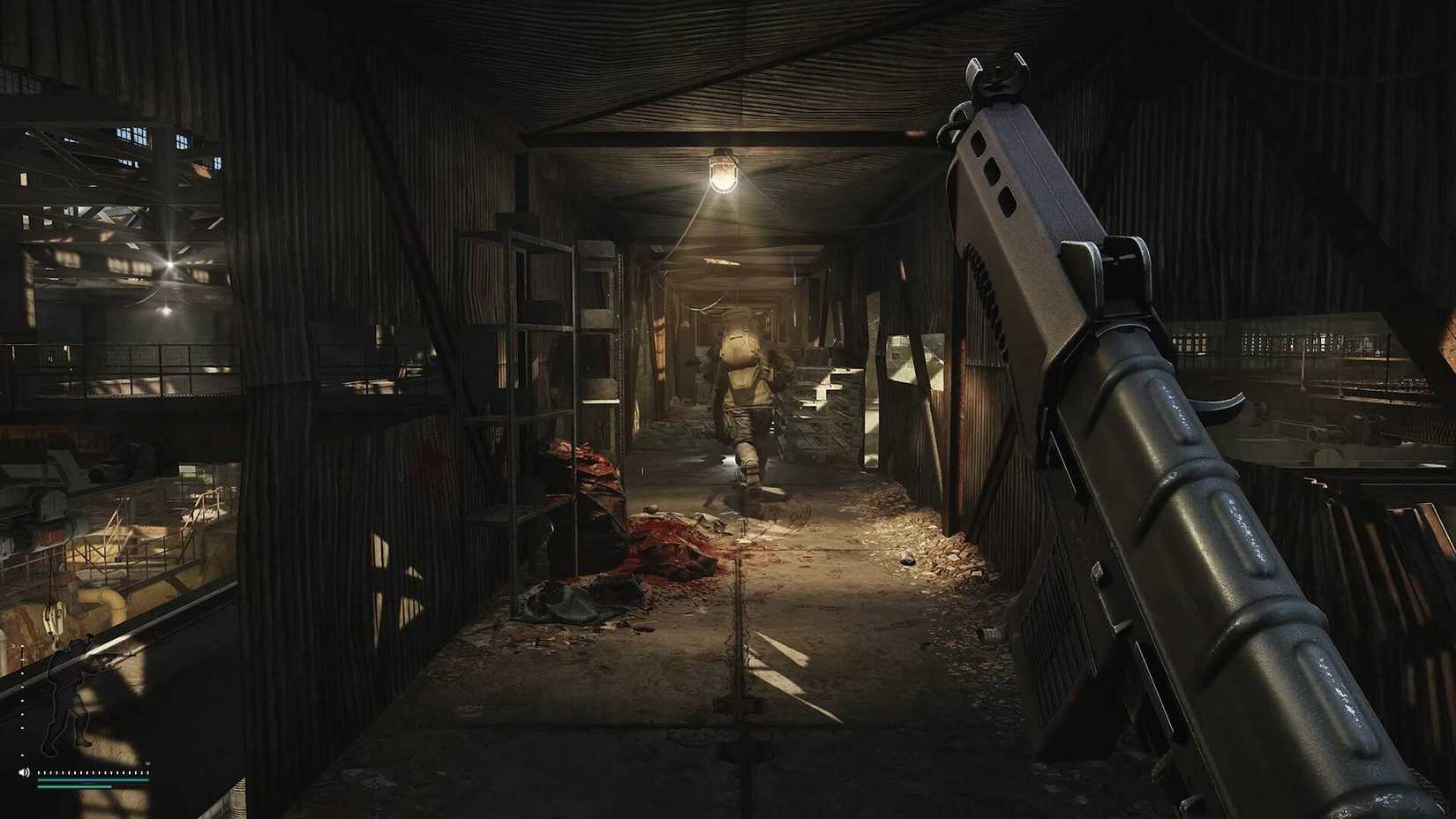 The player in Escape From Tarkov wielding a rifle and walking down a hallway with another player in front of them.