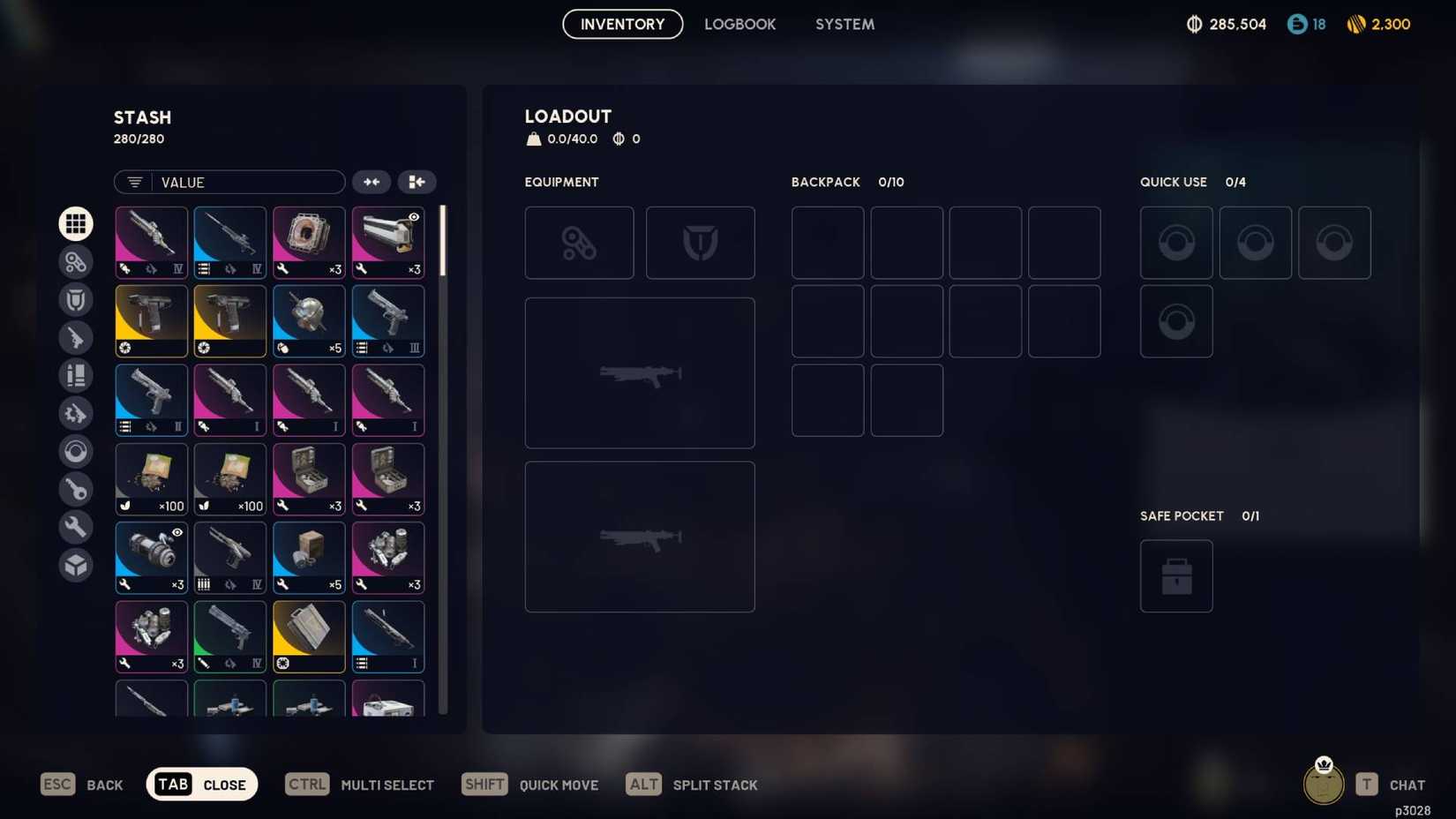 A player's stash in Arc Raiders, showing a number of epic and legendary items.