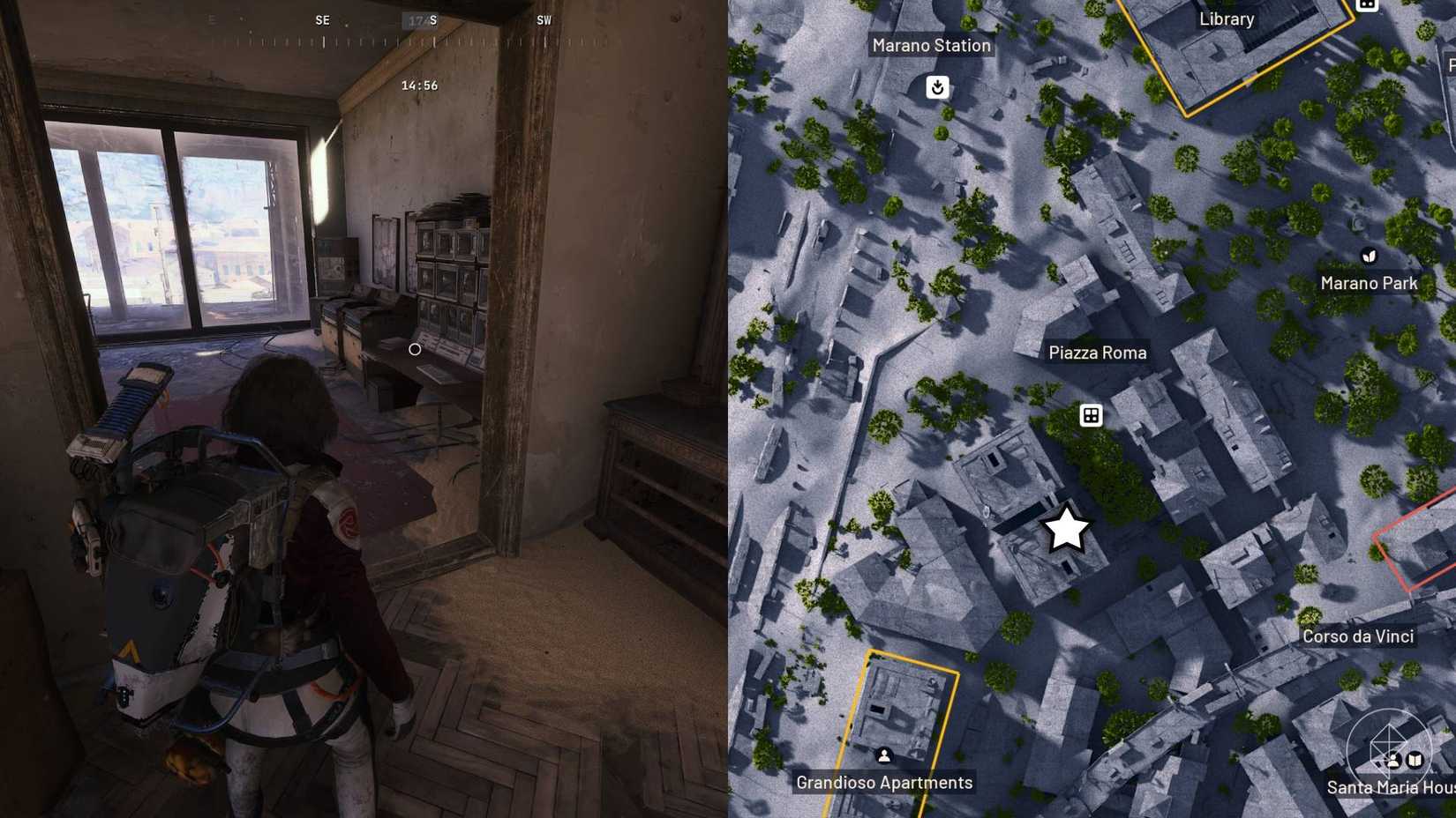 The left half of the image shows the player standing in front of the objective in Piazza Roma on Buried City in Arc Raiders, while the right half shows the location marked on the map by a star.