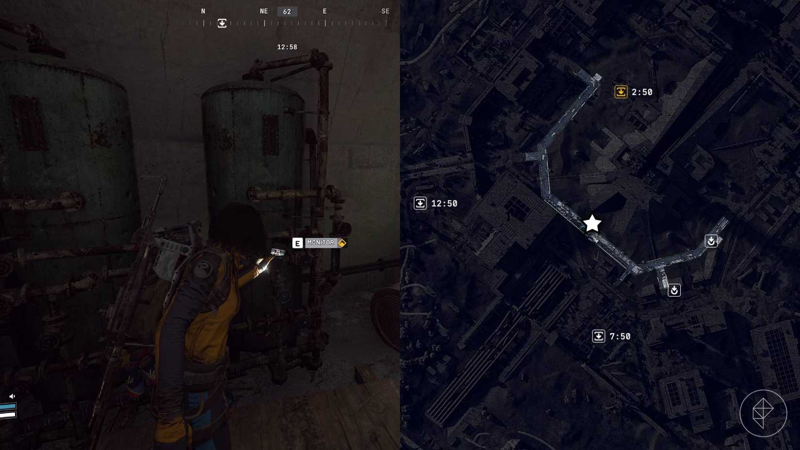 The player interacting with the filtration system in Arc Raiders on the left, with the map location marked on the right.