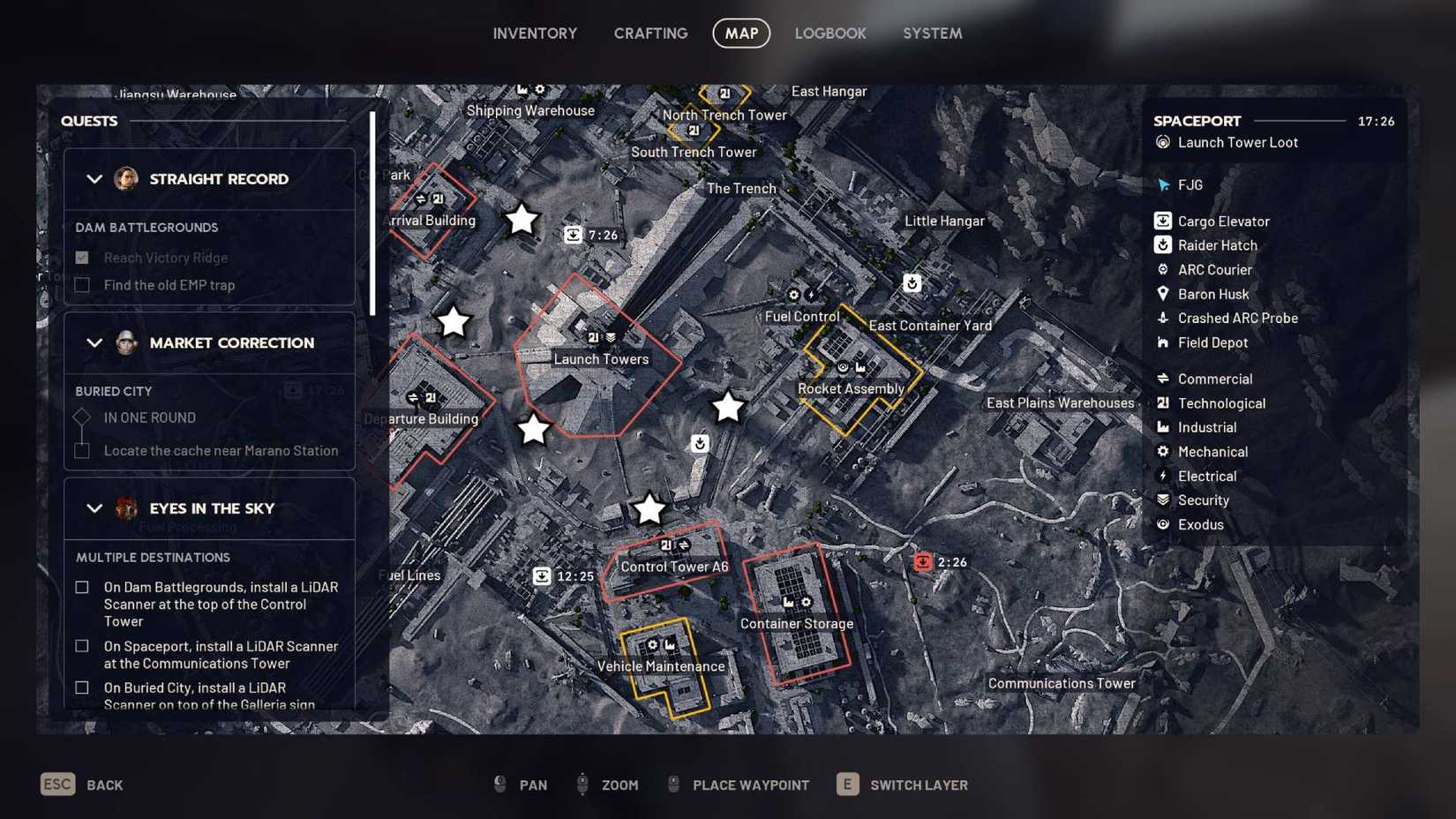 The Spaceport map in Arc Raiders with five entrances to the underground tunnels marked with stars.