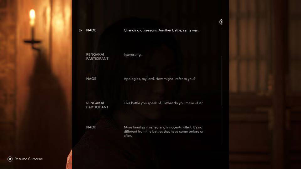 A conversation log appears in Assassin's Creed Shadows.