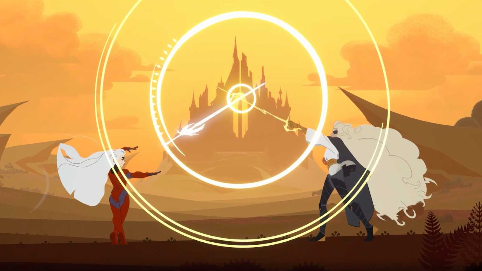 A princess dueling her sibling with magical swords in At Fate's End