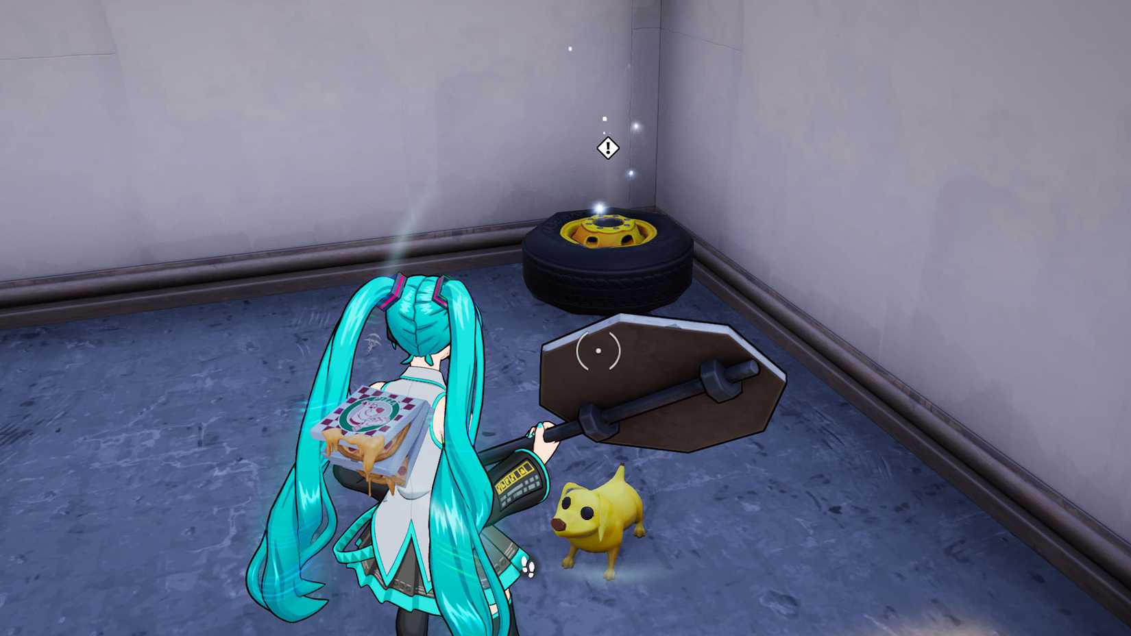 Hatsune Miku and her Peely dog standing in front of a battle bus wheel in Fortnite.