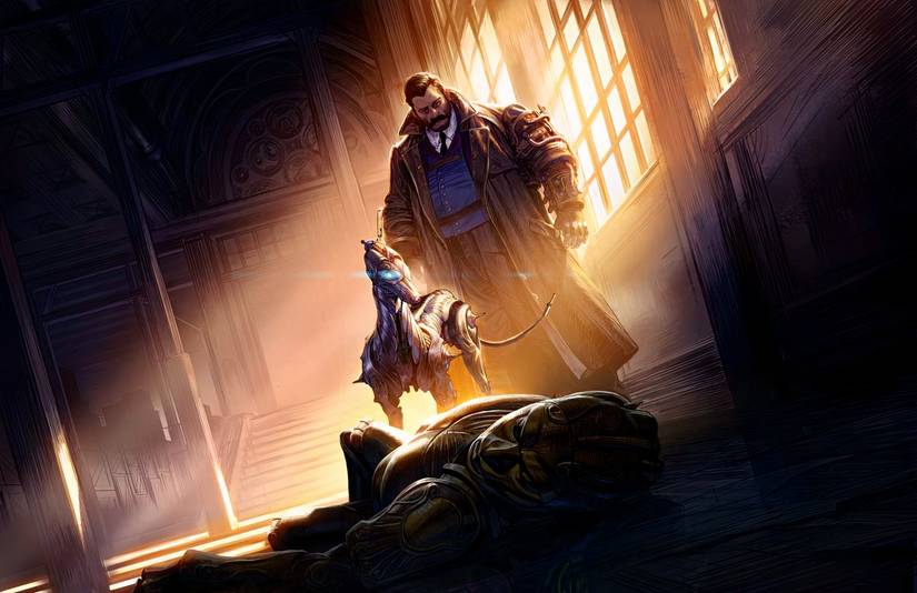 A Battle Smith Artificer in D&D standing near his Steel Defender canine companion.