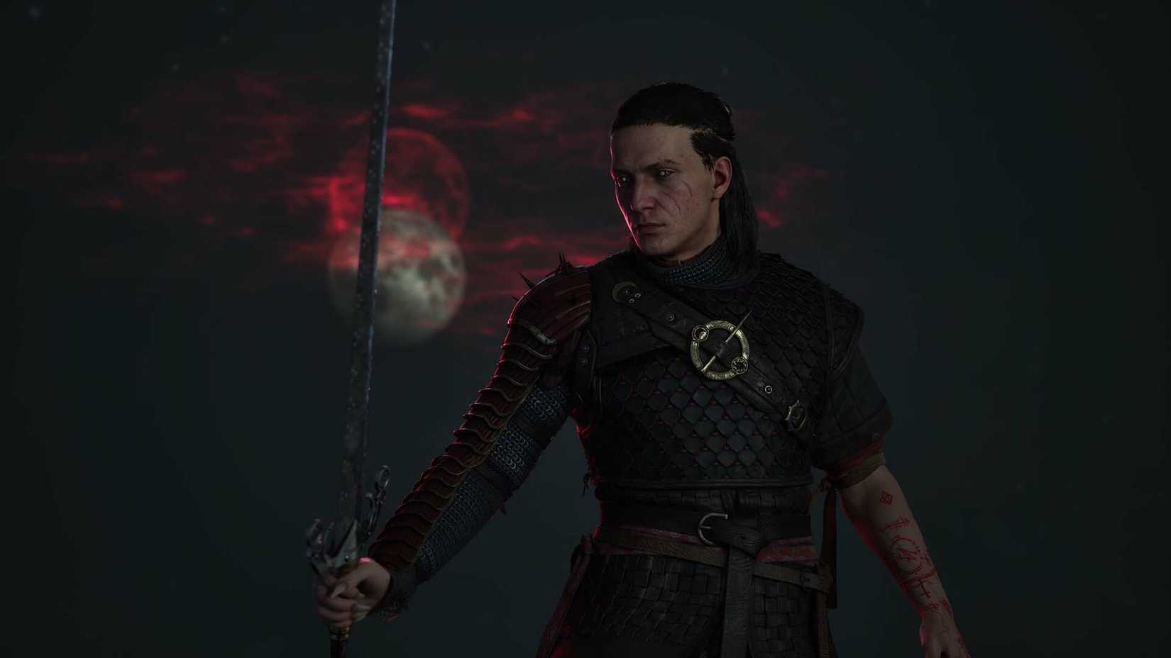 Not-Geralt of not-Rivia stands in moonlight in Blood of the Dawnwalker