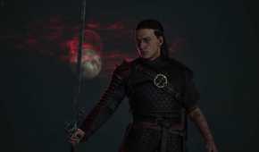Not-Geralt of not-Rivia stands in moonlight in Blood of the Dawnwalker