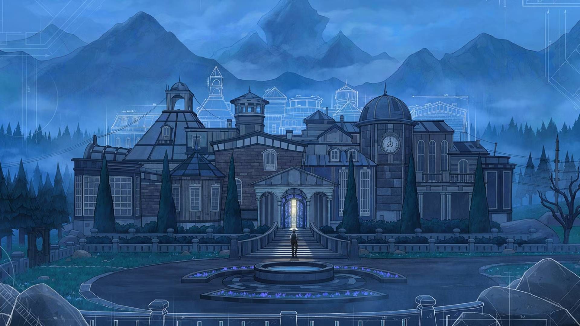 A character approaching a grand manor in Blue Prince