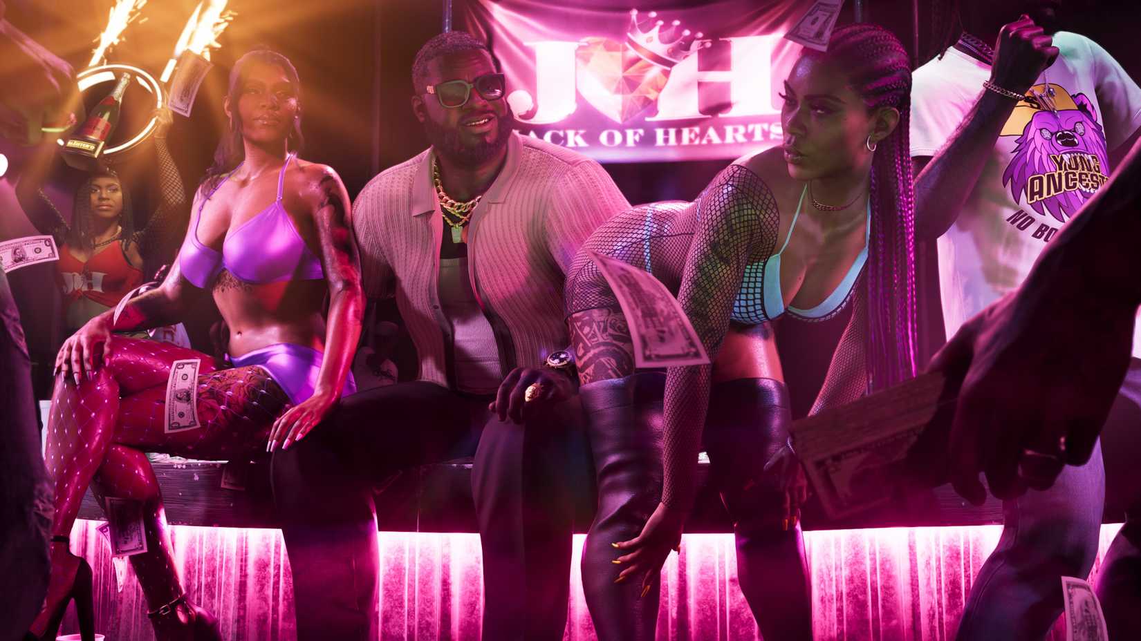 Boobie Ike is flanked by dancers in a club in a screenshot from Grand Theft Auto 6