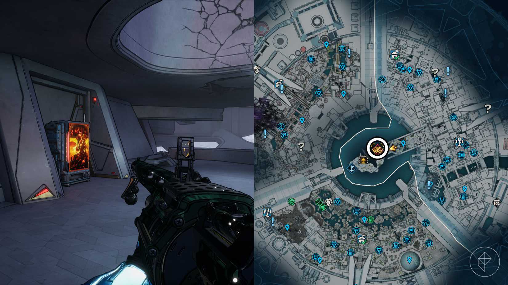 A montage using two Borderlands 4 screenshots showing the location of Maurice's Black Market Vending Machine on Dec. 11