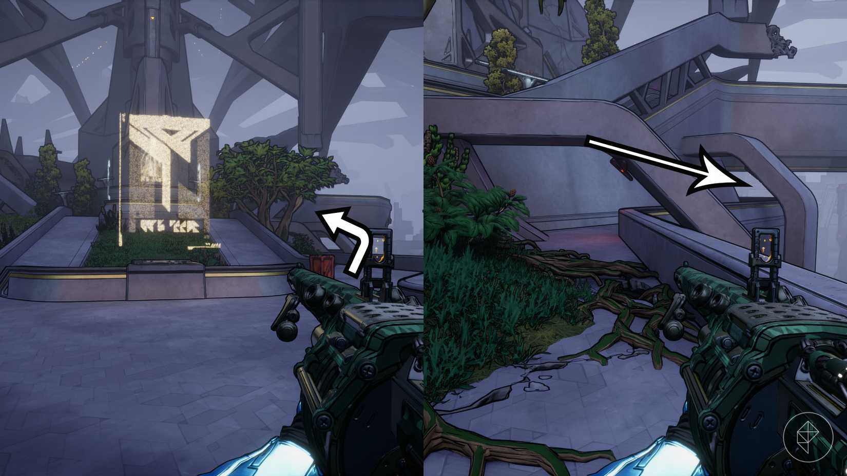 A montage using two Borderlands 4 screenshot showing the path to where Maurice's Vending Machine is located on Dec. 11