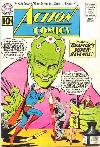 Classic comic art of Brainiac interacting with tiny versions of Superman and his allies