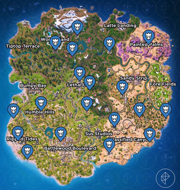 Potential boss spawn locations in Fortnite Chapter 7 Season 1.