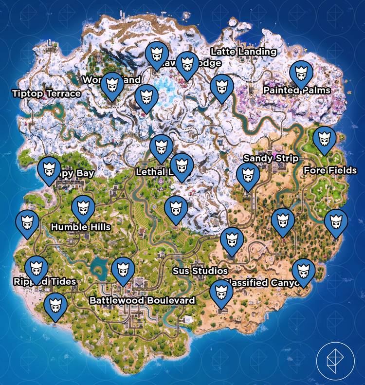 Boss spawn locations in Fortnite Chapter 7 Season 1