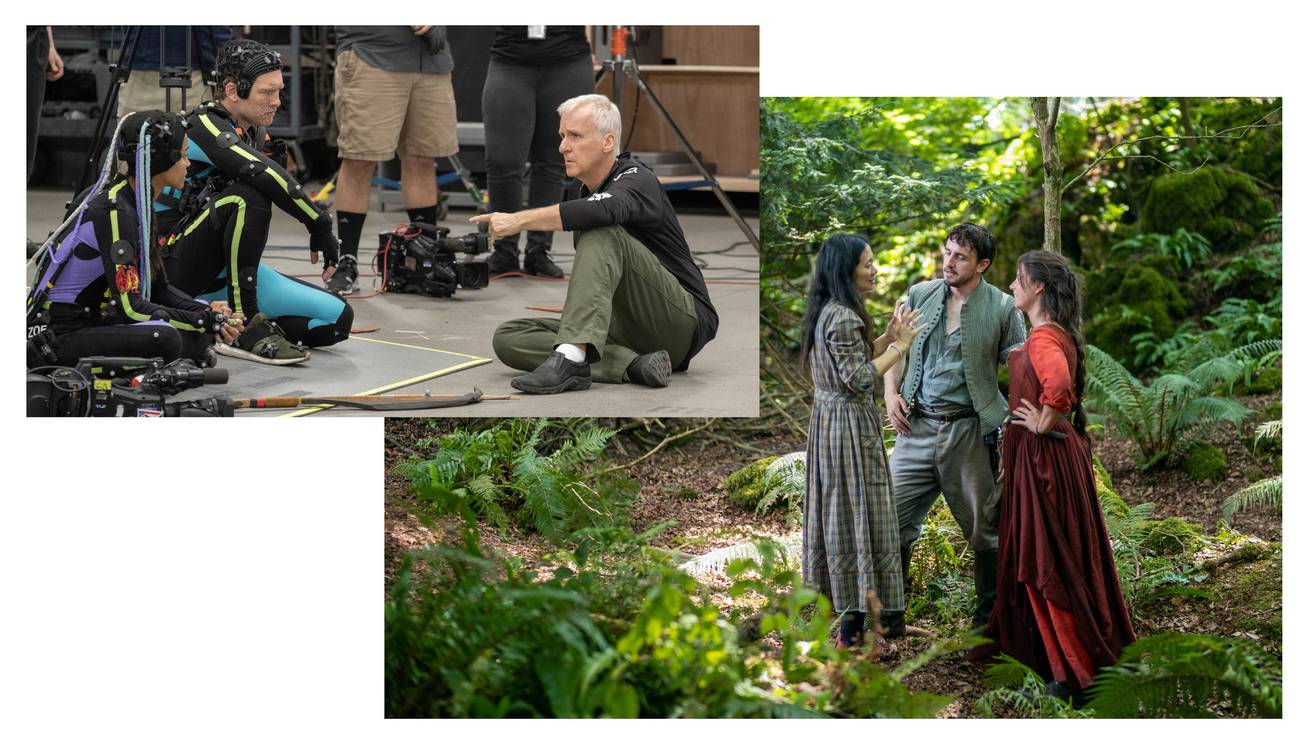 James Cameron and Chloe Zhao directing on sets of Avatar and Hamnet, respectively