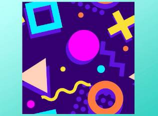 A pattern with purple and brightly colored shapes