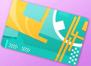 A card template of teal and yellow shapes