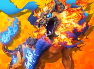 Leo, a fiery Kirin-like red and blue beast, in Kirby Air Riders