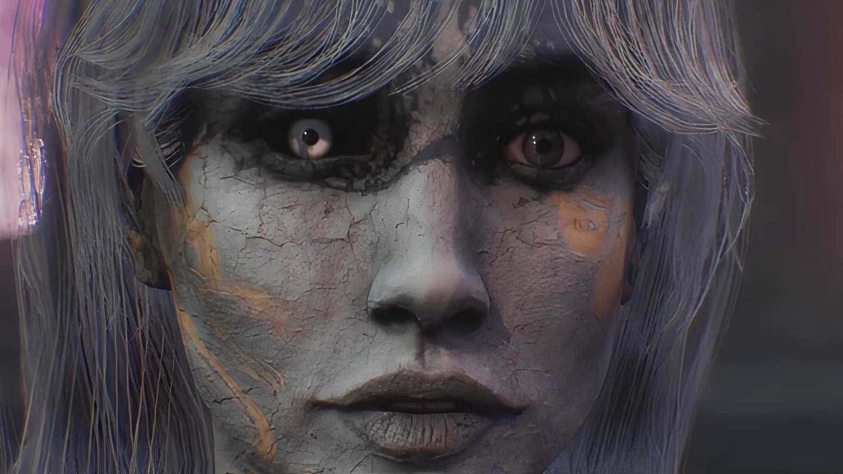 A close-up shot of Painted Clea, featuring cracked, clay-like skin and one glowing white iris with black sclera.