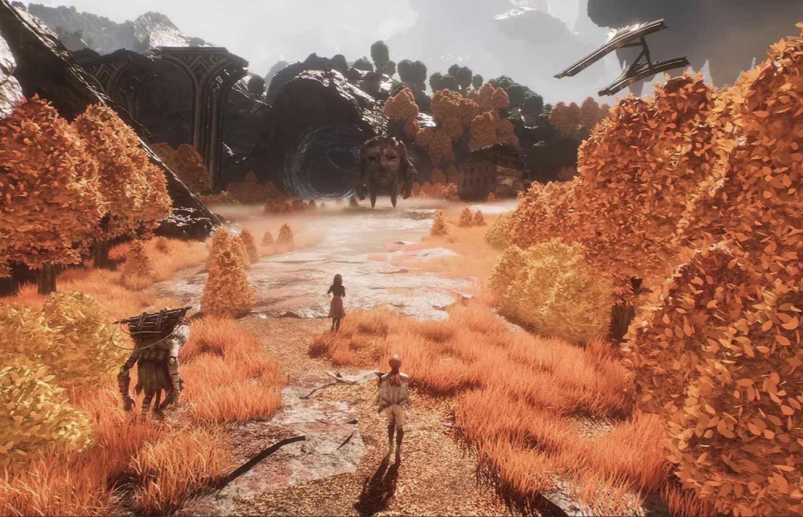 Exploring an orange forest in the overworld of Clair Obscur Expedition 33.