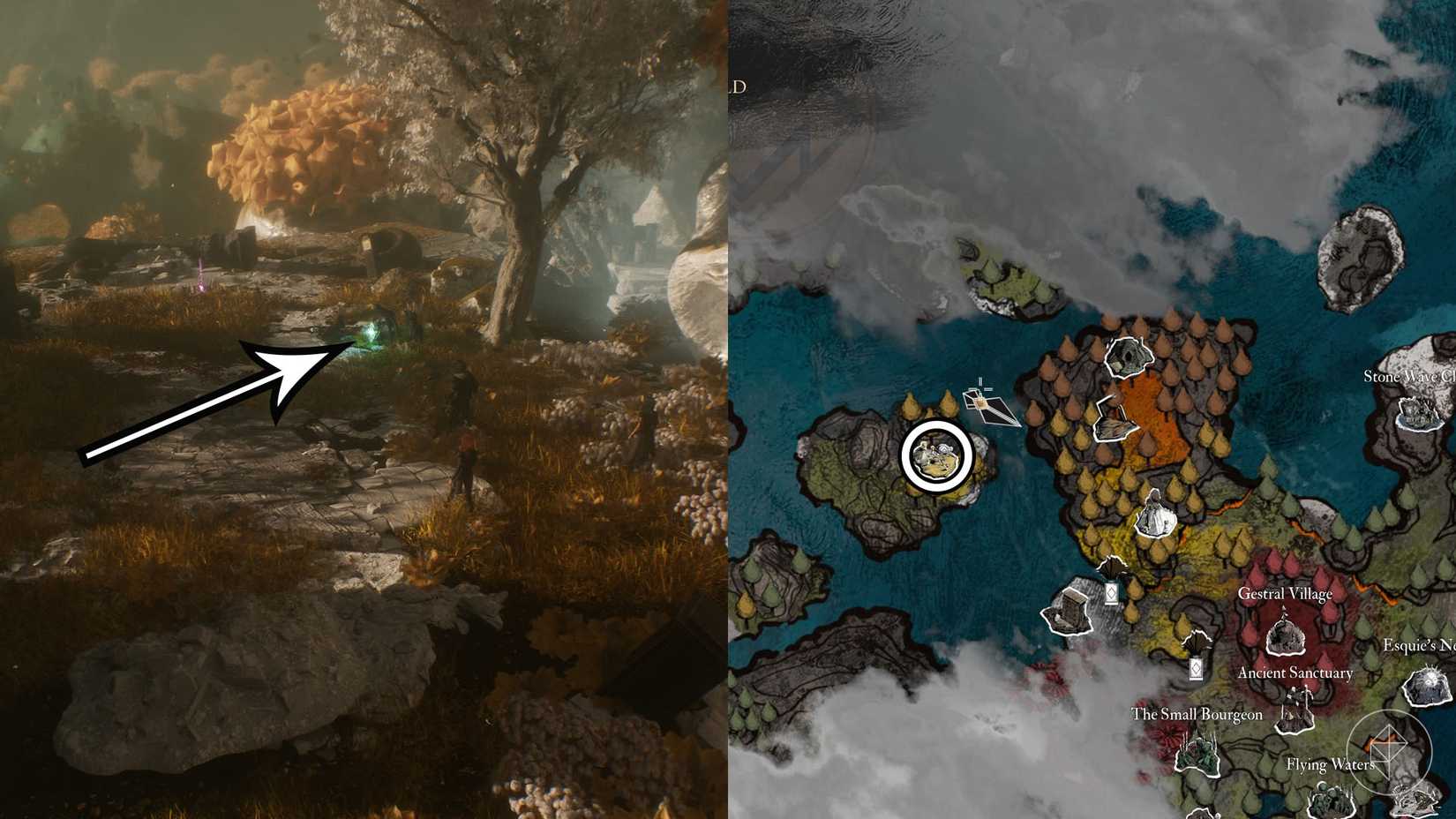 A montage of two Clair Obscur screenshots showing Journal 36 location