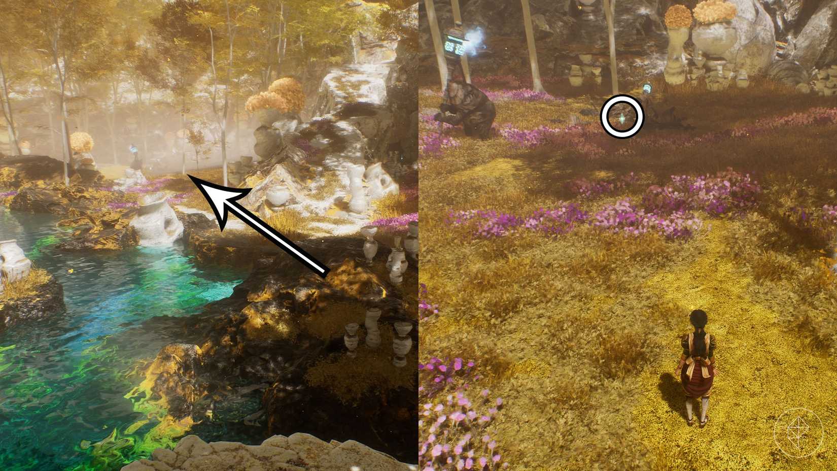 A montage of two Clair Obscur screenshots showing Journal 44 location