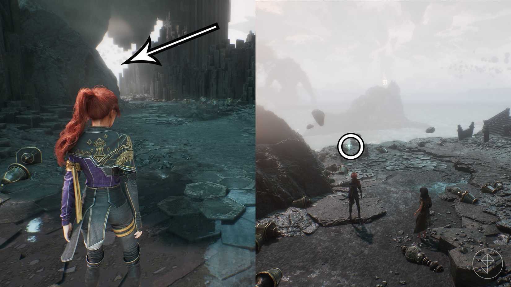 A montage of two Clair Obscur screenshots showing Journal 50 location