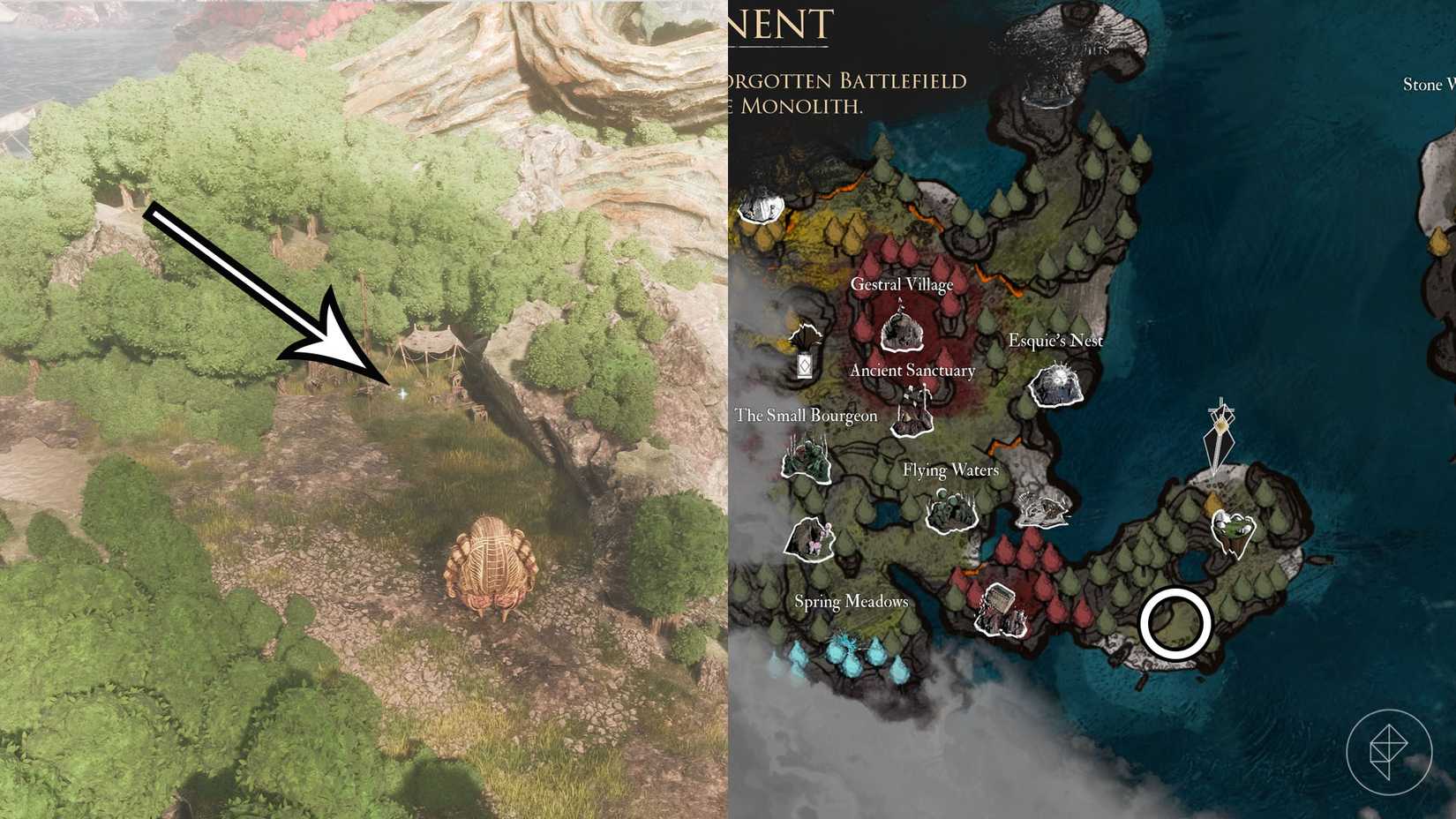 A montage of two Clair Obscur screenshots showing Journal 64 location