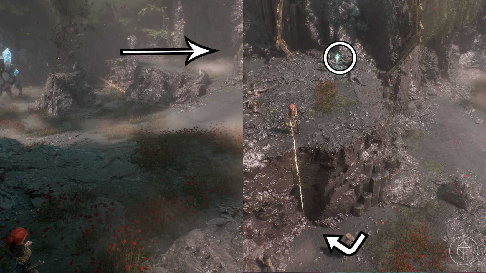 A montage of two Clair Obscur screenshots showing Journal 78 location