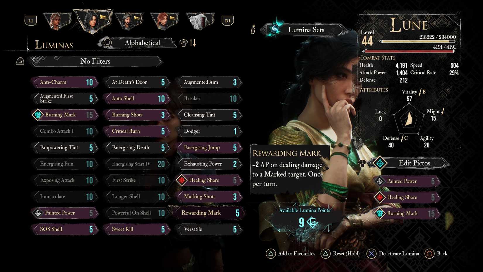 A Clair Obscur screenshot showing Lune's best Luminas