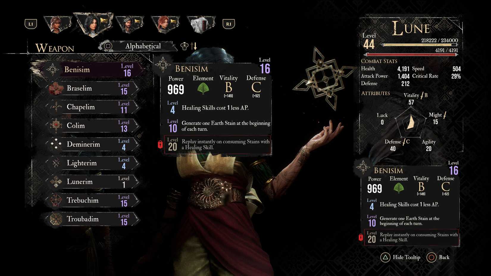 A Clair Obscur screenshot showing Lune's best weapon as a healer