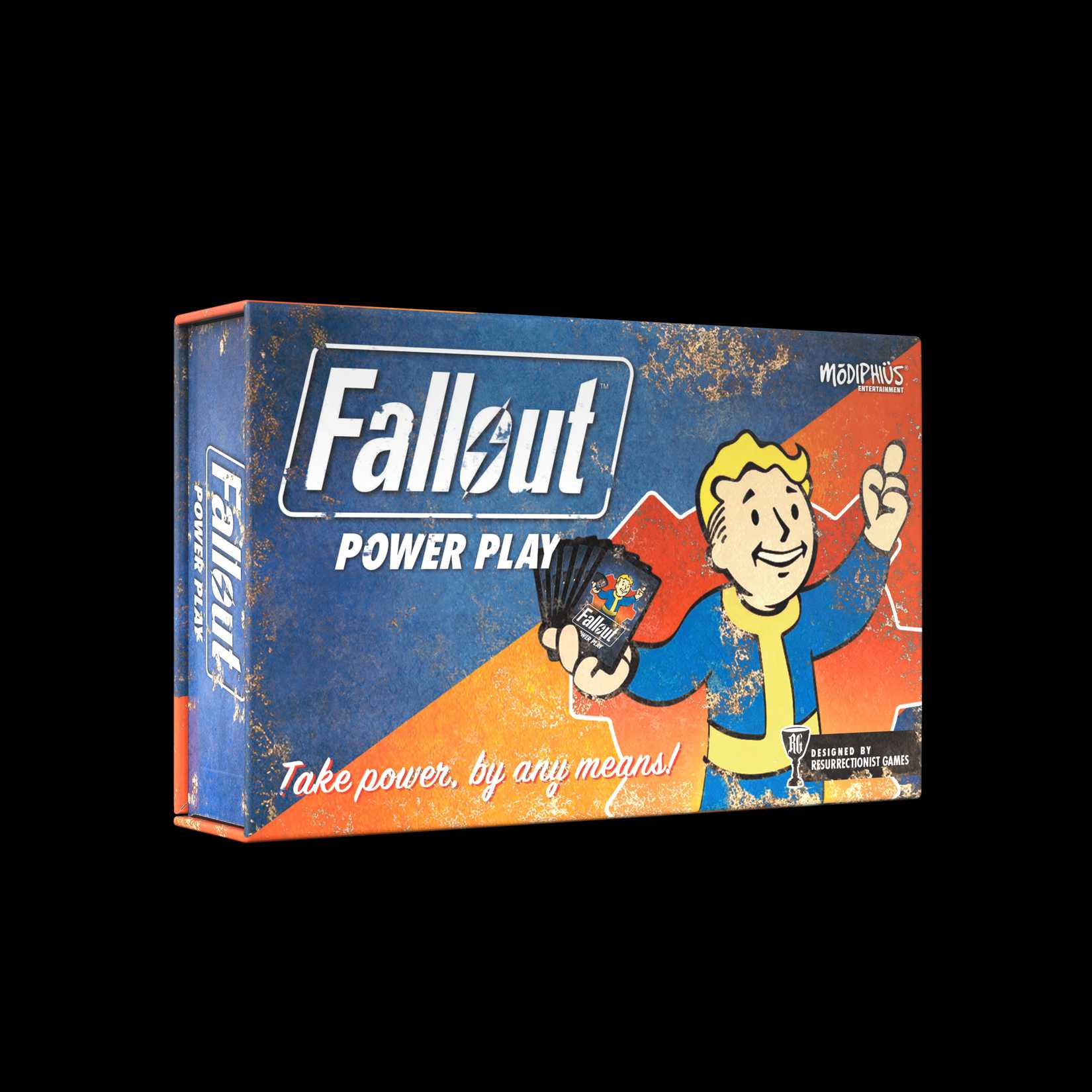 The box for Fallout: Powerplay depicts Vault Boy holding cards