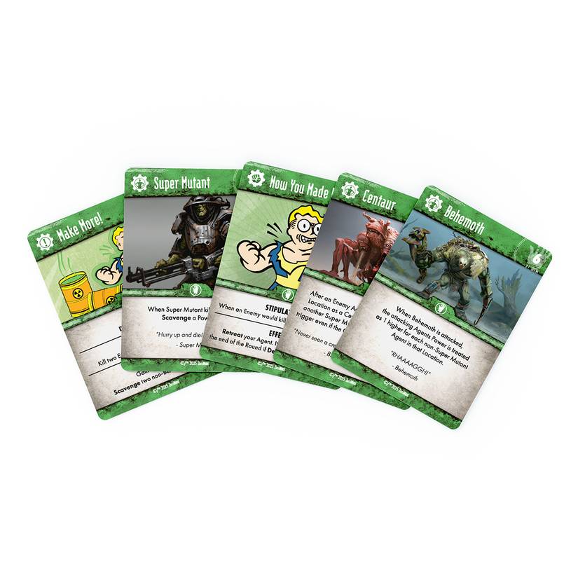 An array of cards from the Super Mutant deck in Fallout: Power Play