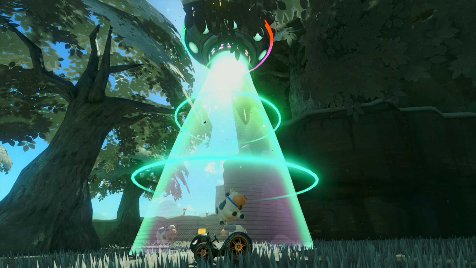 A cow being sucked up by a UFO's tractor beam in Mario Kart World.