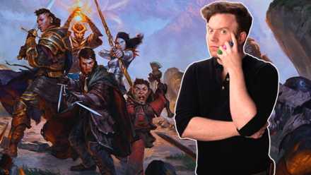 An image featuring Brennan Lee Mulligan on top of source art from Wizards of the Coast.
