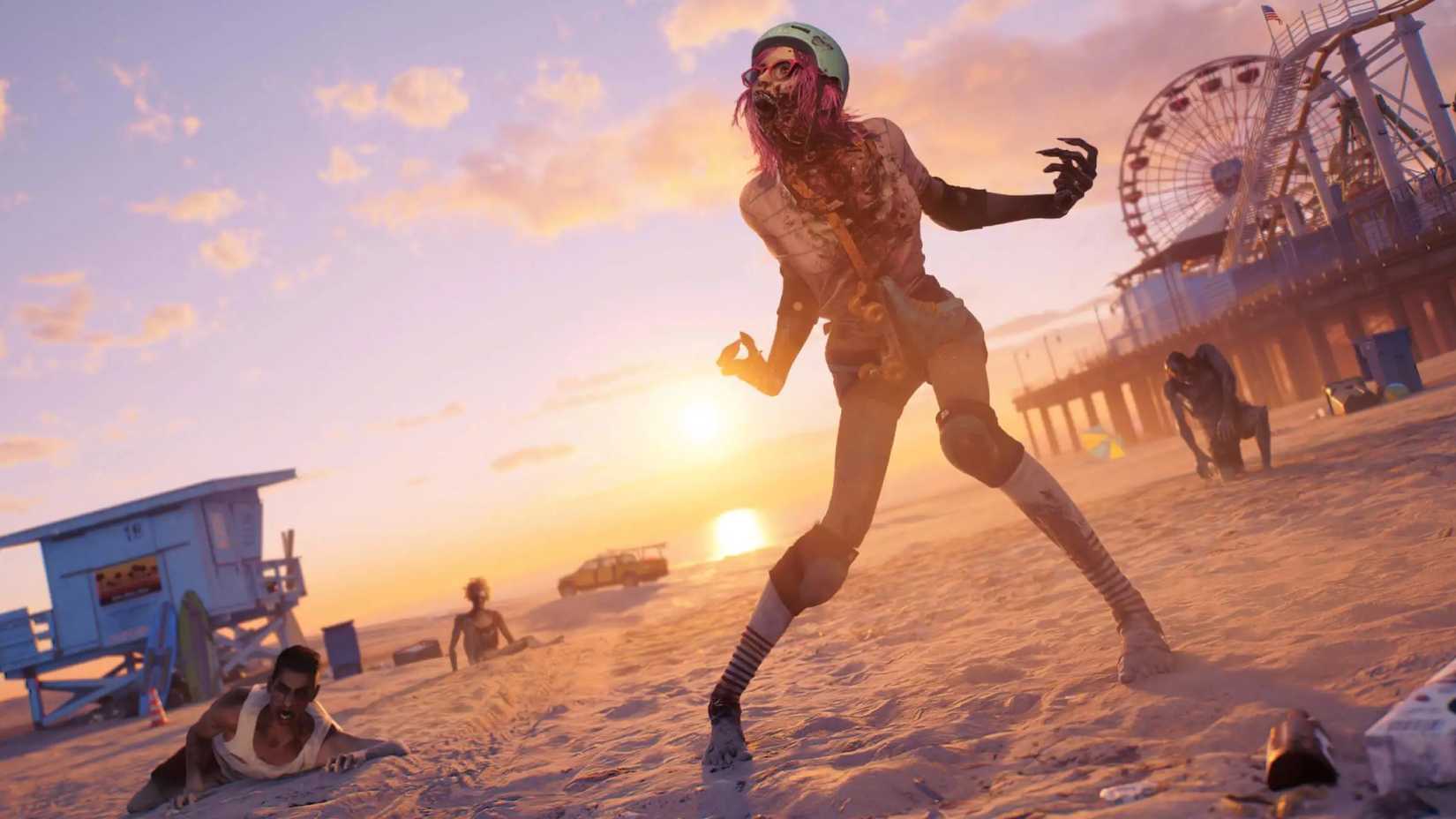 Dead Island 2 art shows a female zombie rollerblader standing on the beach.