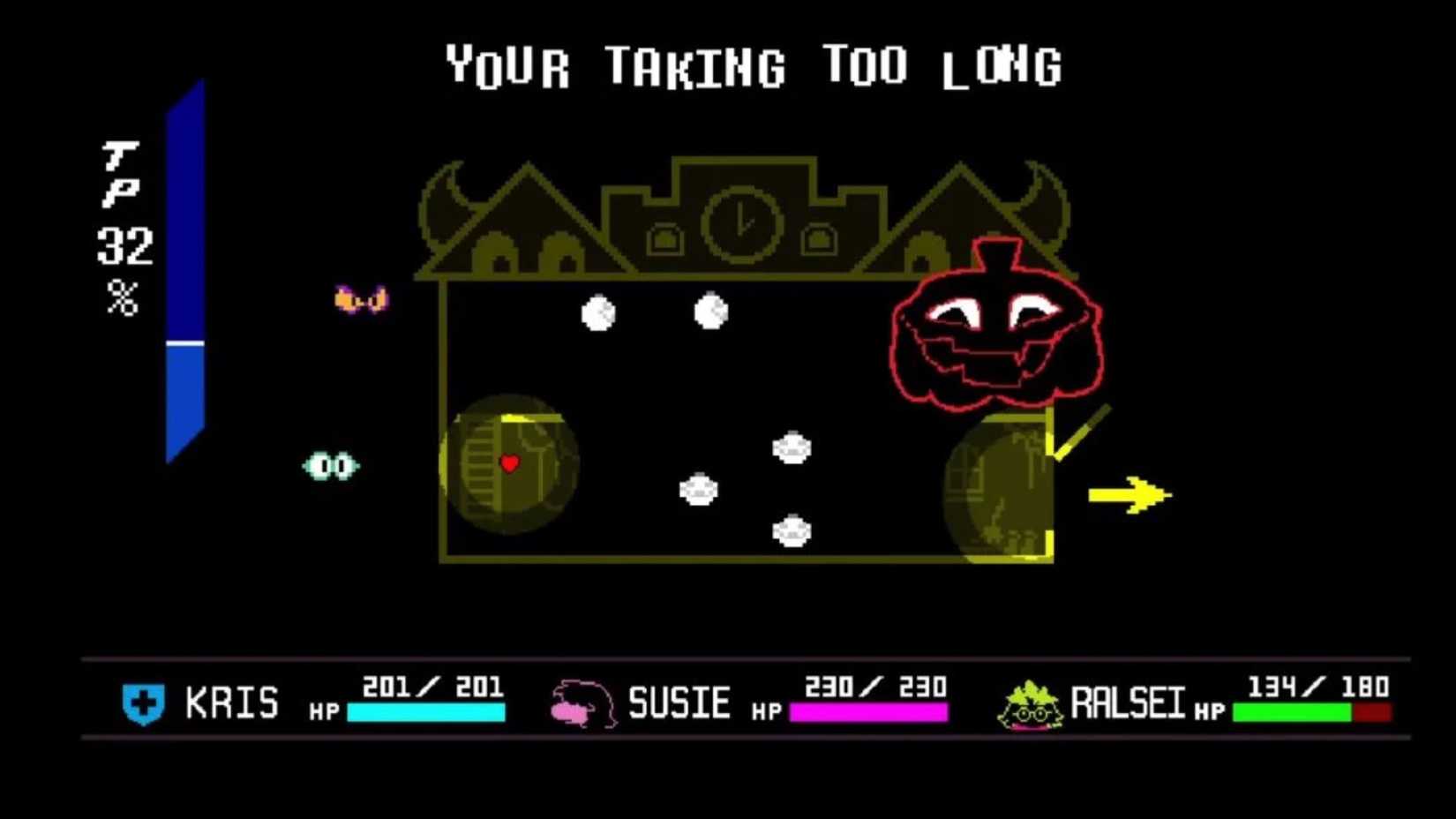 The Jackenstein boss fight, as seen in Deltarune Chapter 4. Jackenstein is a pumpkin who goads the player on with intentionally misspelled taunts like 