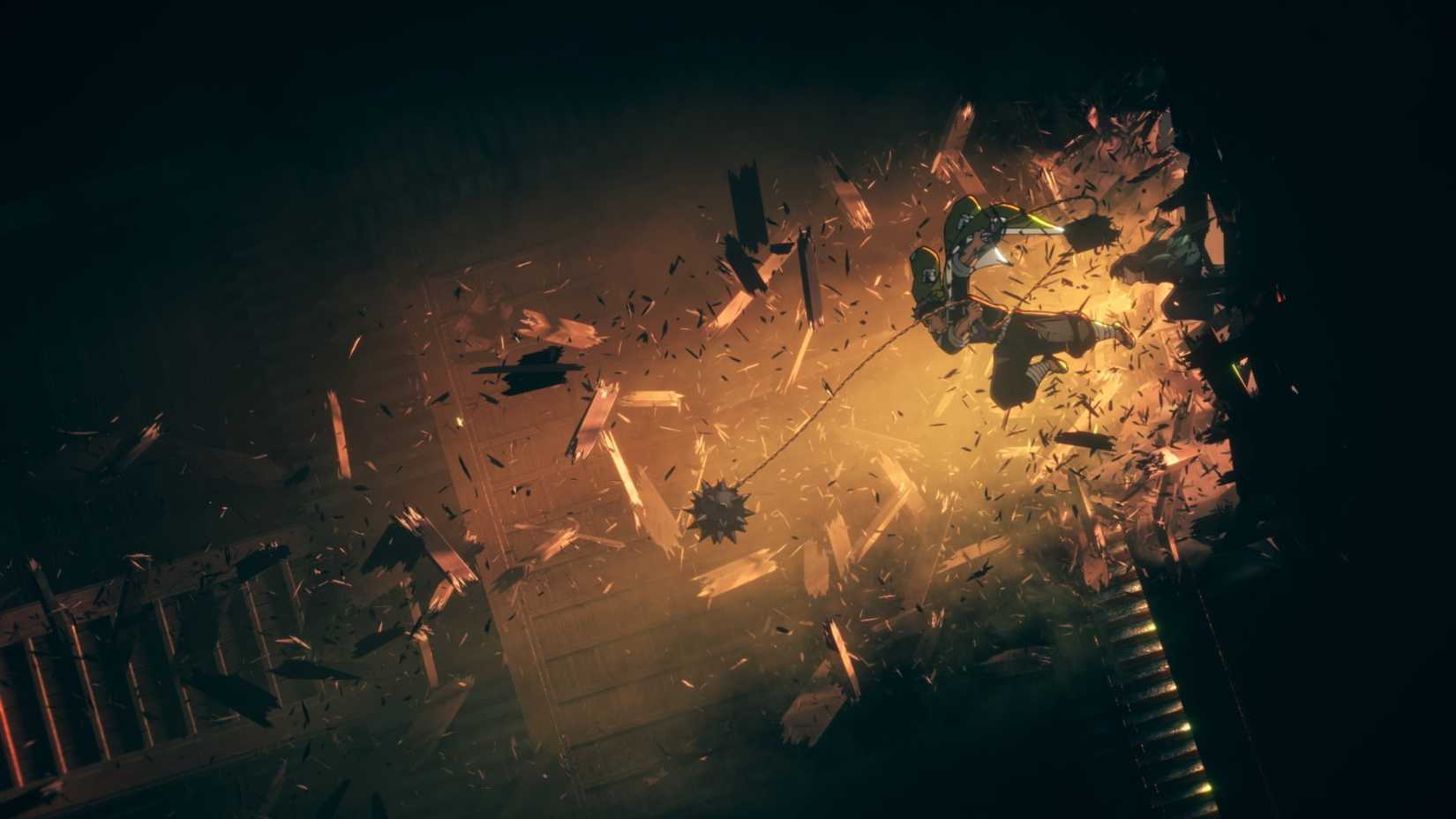Gyomei busting through a wooden wall with his weapon in Demon Slayer Infinity Castle