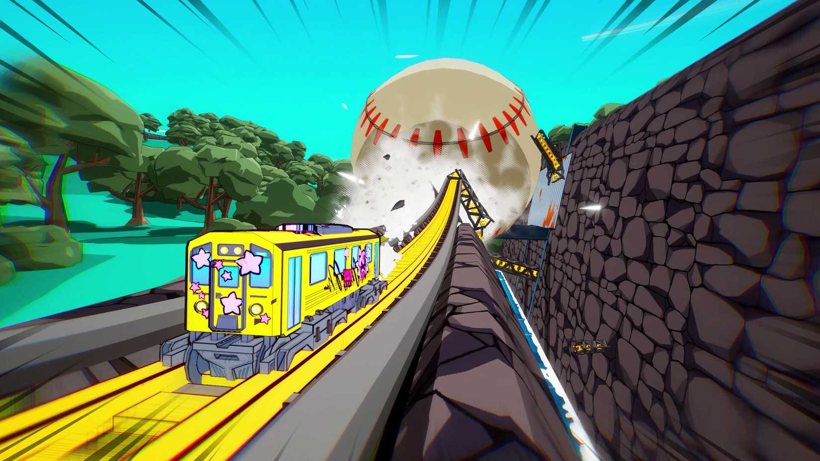A train eludes a giant baseball down a train track in Denshattack