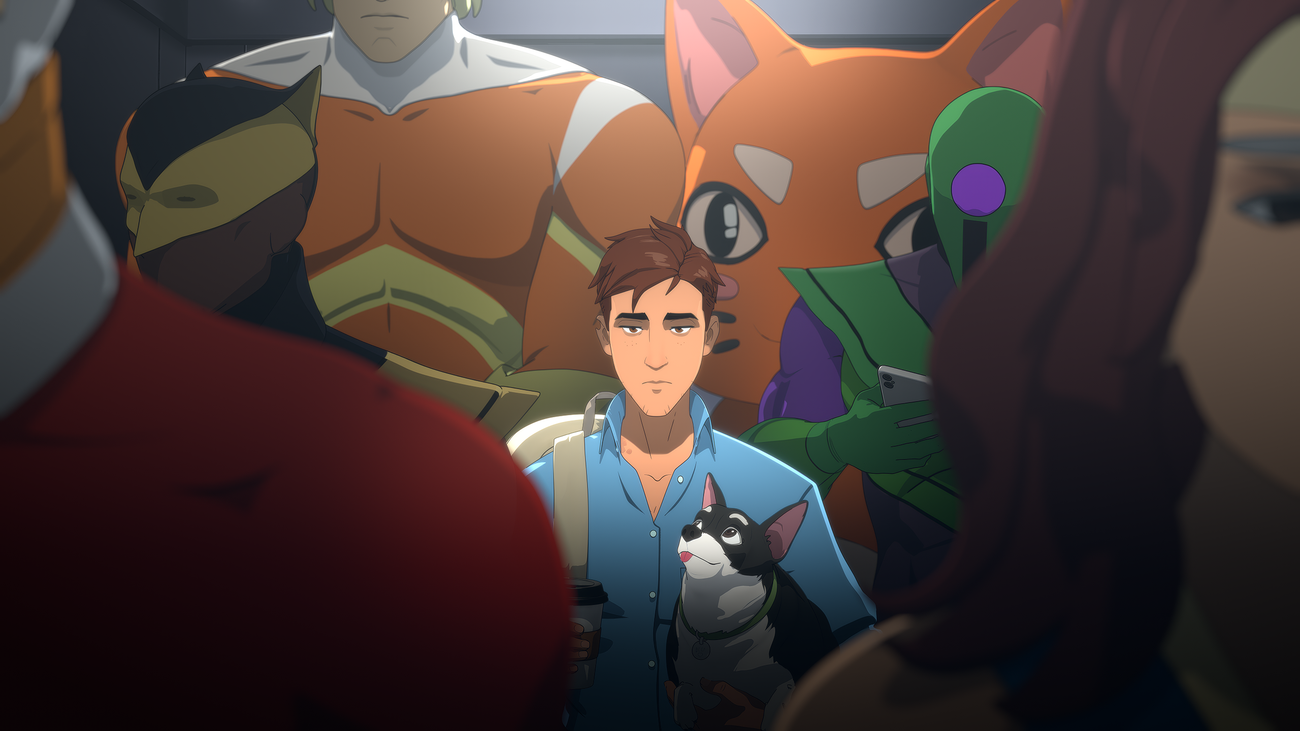 Aaron Paul (I think) stands between jacked dudes while holding a puppy in key art for Dispatch one of the best games of 2025