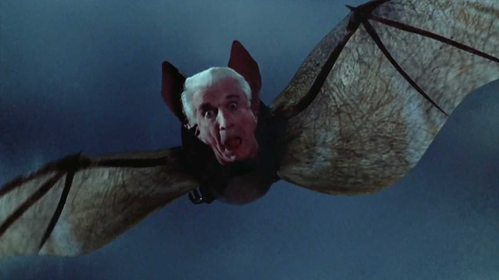 Leslie Nielsen's face on a flying bat looking scared