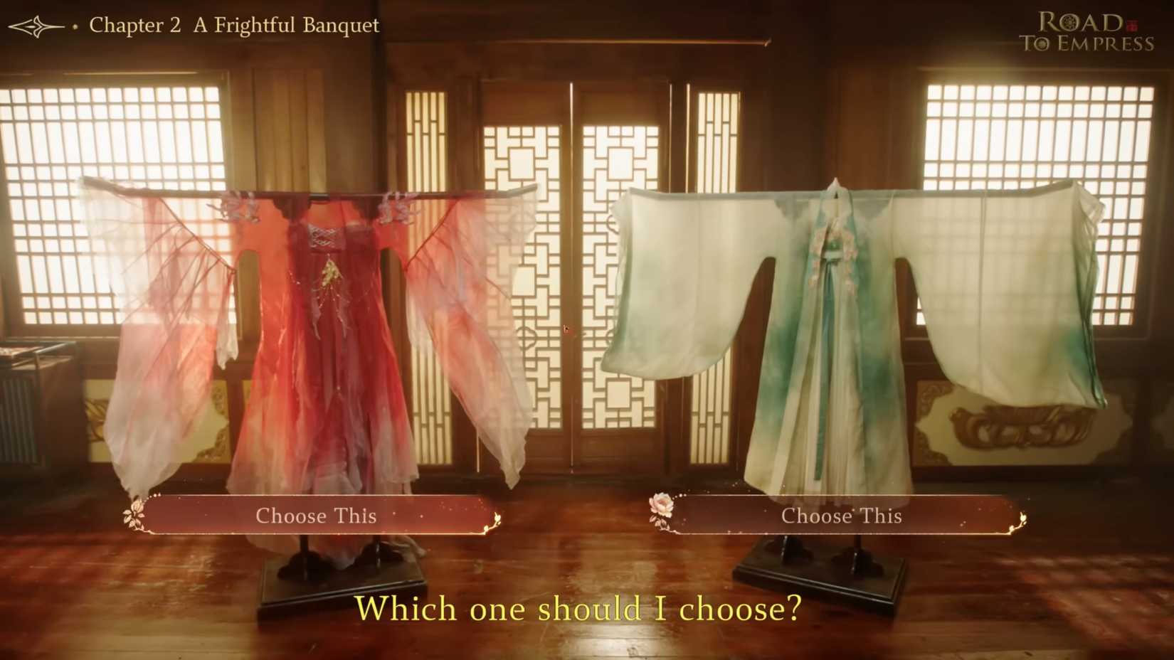 The player is faced with a choice between wearing a red dress and a green dress.