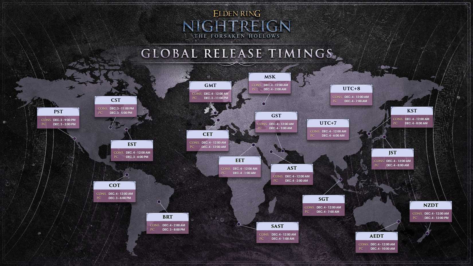 An infographic map showing Elden Ring Nightreign dlc release times
