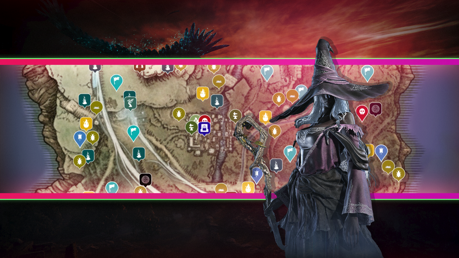A map of Limveld with a Elden Ring Nightreign character with a huge witch hat in front of it