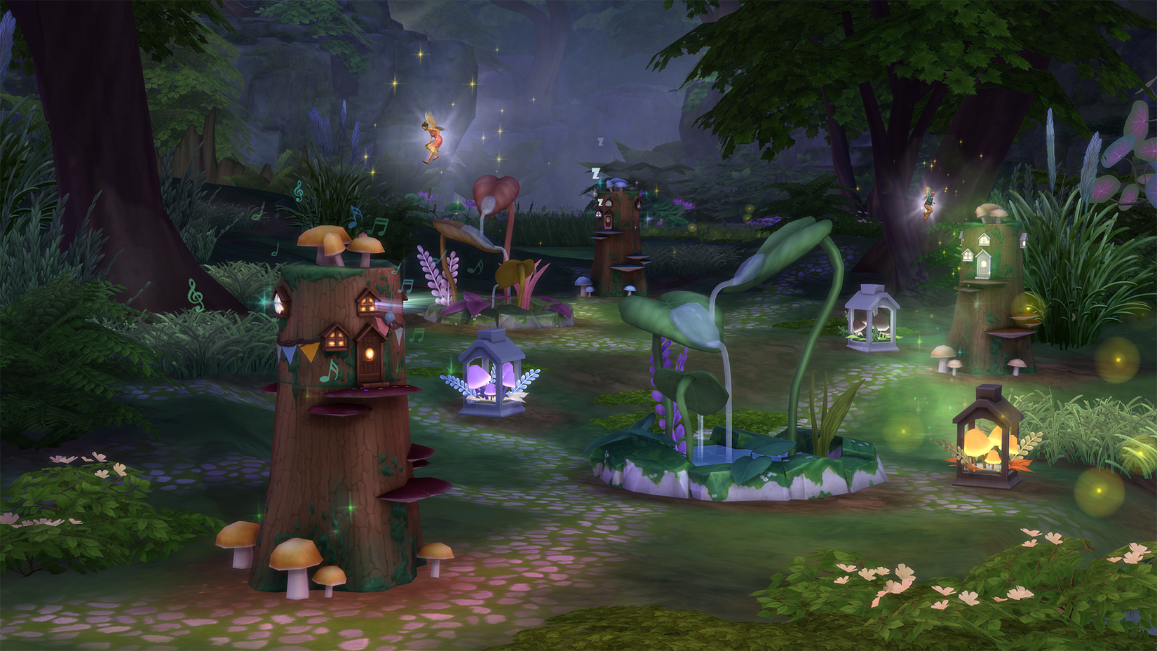 The Sims 4 Enchanted by Nature's world of Innisgreen, showing a fairy home in a log and magical plants