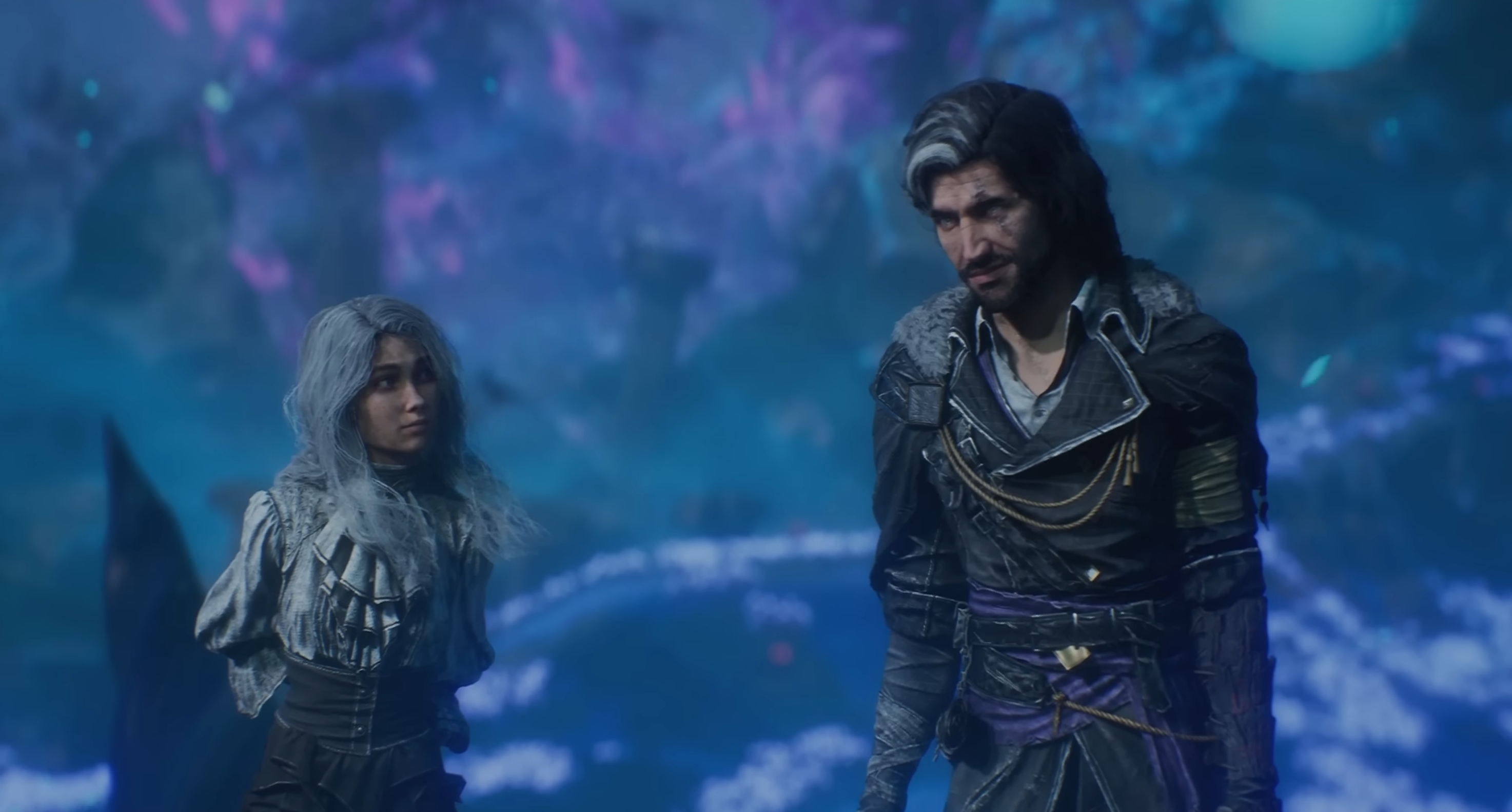 Maelle and Verso standing against a blue background in a screenshot from Clair Obscur Expedition 33's DLC.