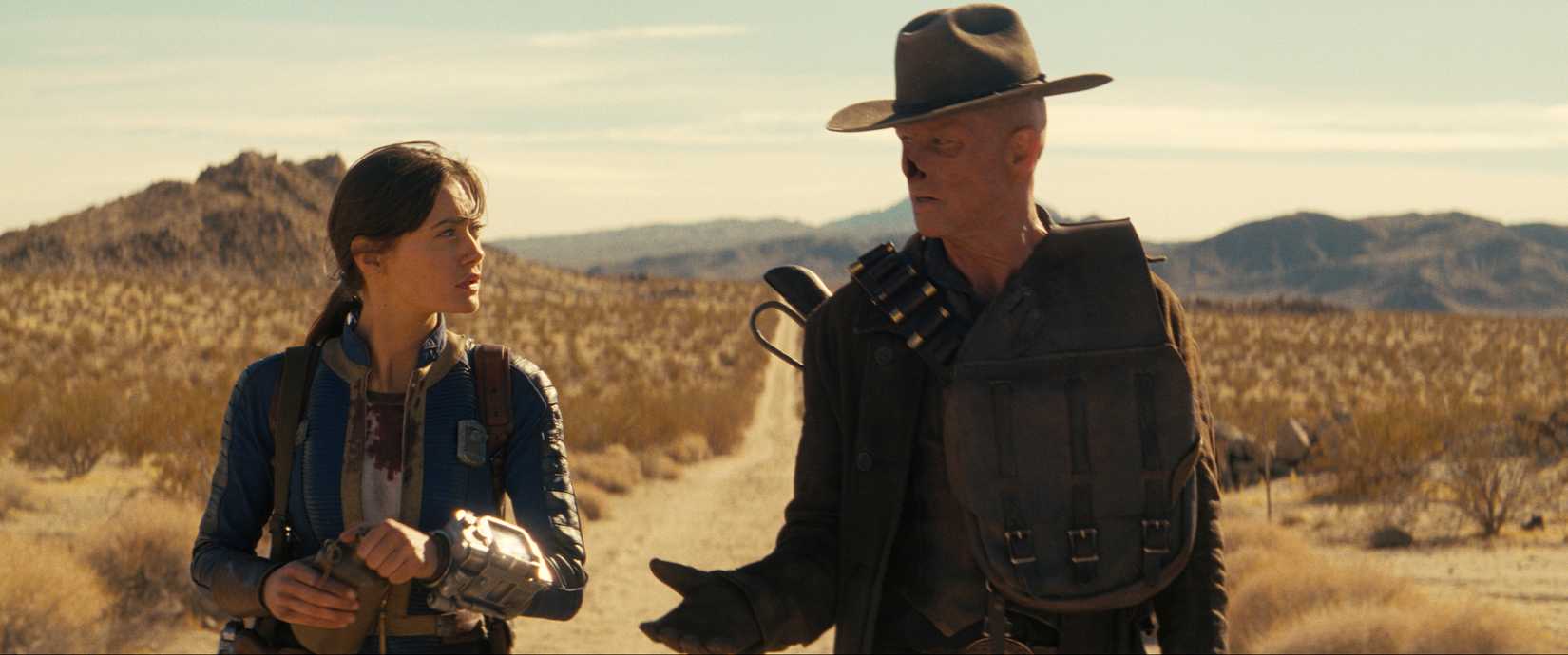 Lucy (Ella Purnell) and The Ghoul (Walton Goggins), travel the Mojave Wasteland together, en route to New Vegas in Fallout